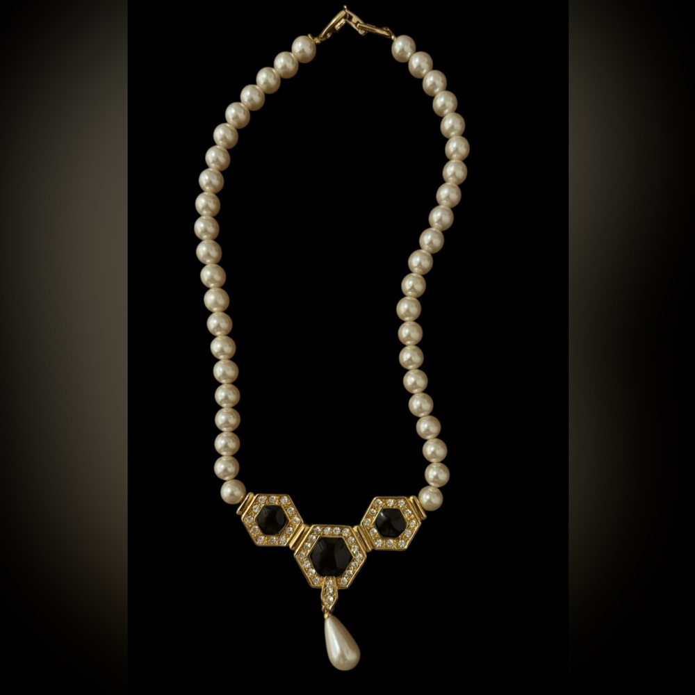 Napier Faux Pearl and Gold Necklace with Black Hexagons